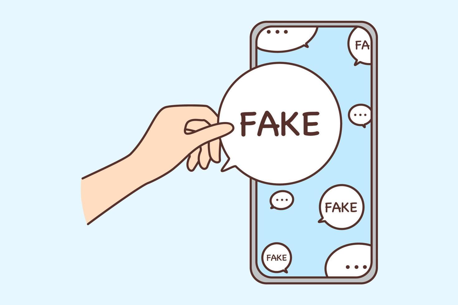 persona mano hold discorso bolla con falso notizia a partire dal cellulare. smartphone schermo con palloncini di disinformazione e media propaganda. vettore illustrazione.