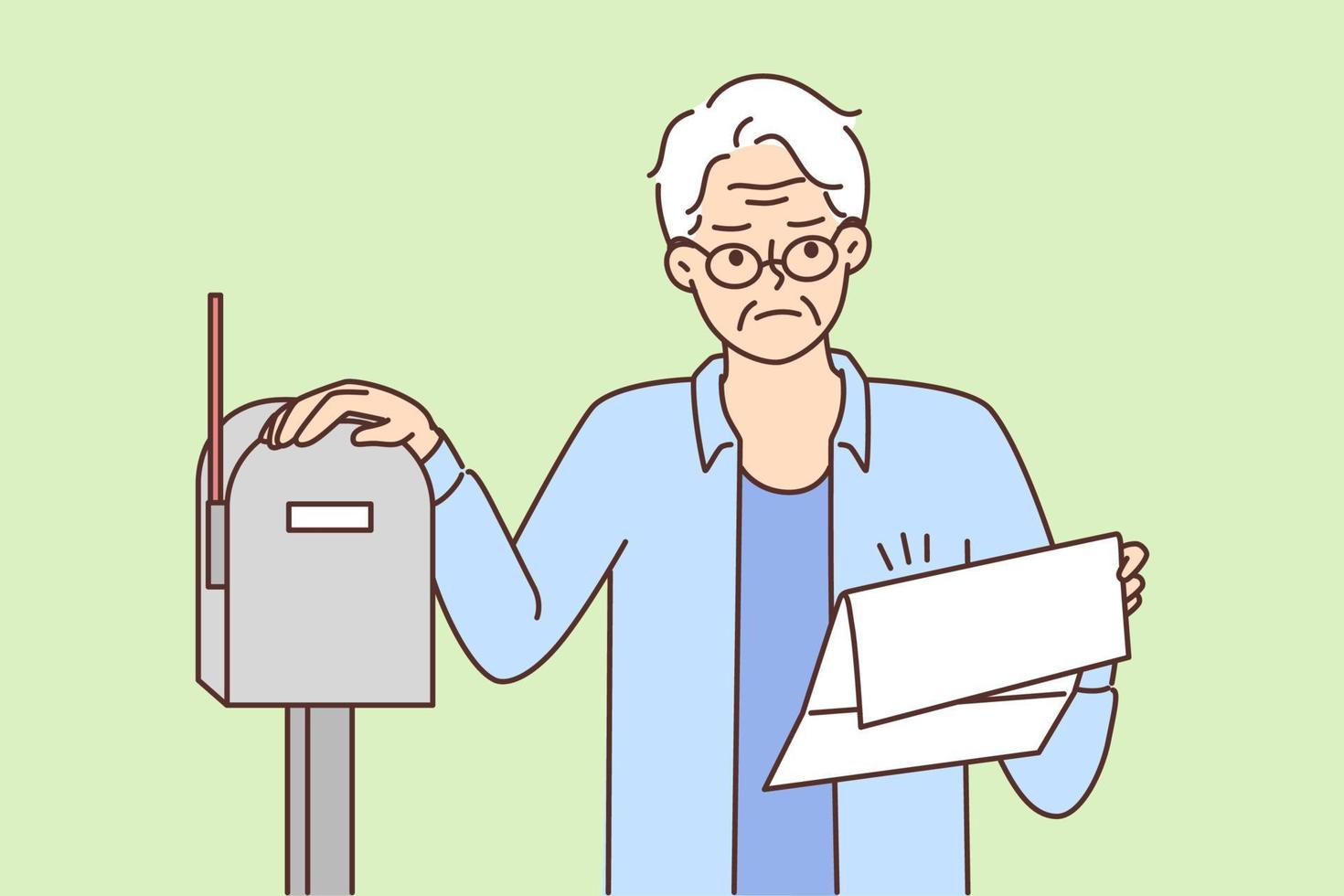 infelice maturo uomo dai un'occhiata cassetta postale insoddisfatto con cattivo notizia nel lettera. irritato anziano nonno frustrato con carta documento nel posta. vettore illustrazione.