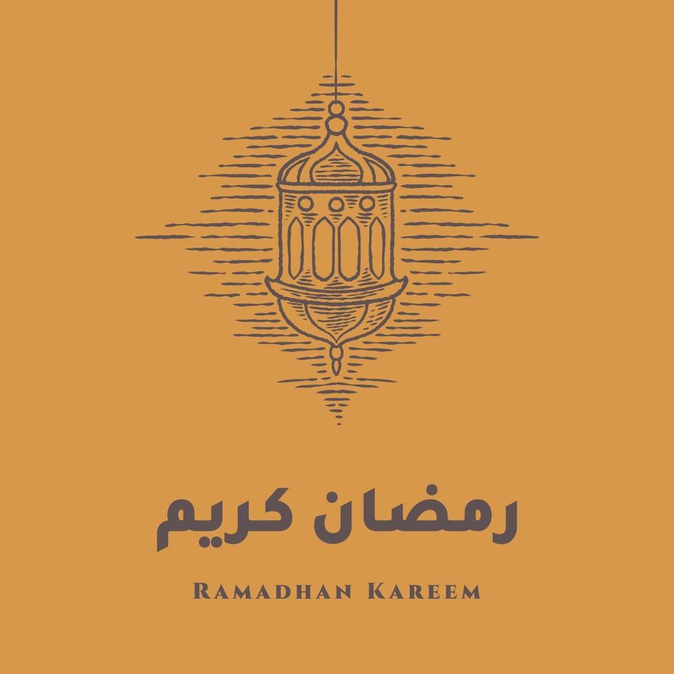 biglietto di auguri di ramadan kareem con schizzo di lanterna. calligrafia araba significa agrifoglio ramadan. disegnato a mano dell'annata isolato su priorità bassa arancione vettore