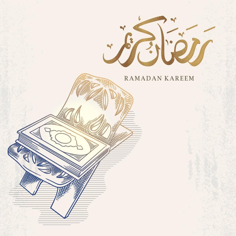 biglietto di auguri di ramadan kareem con corano disegnato a mano e calligrafia araba significa santo ramadan. vettore