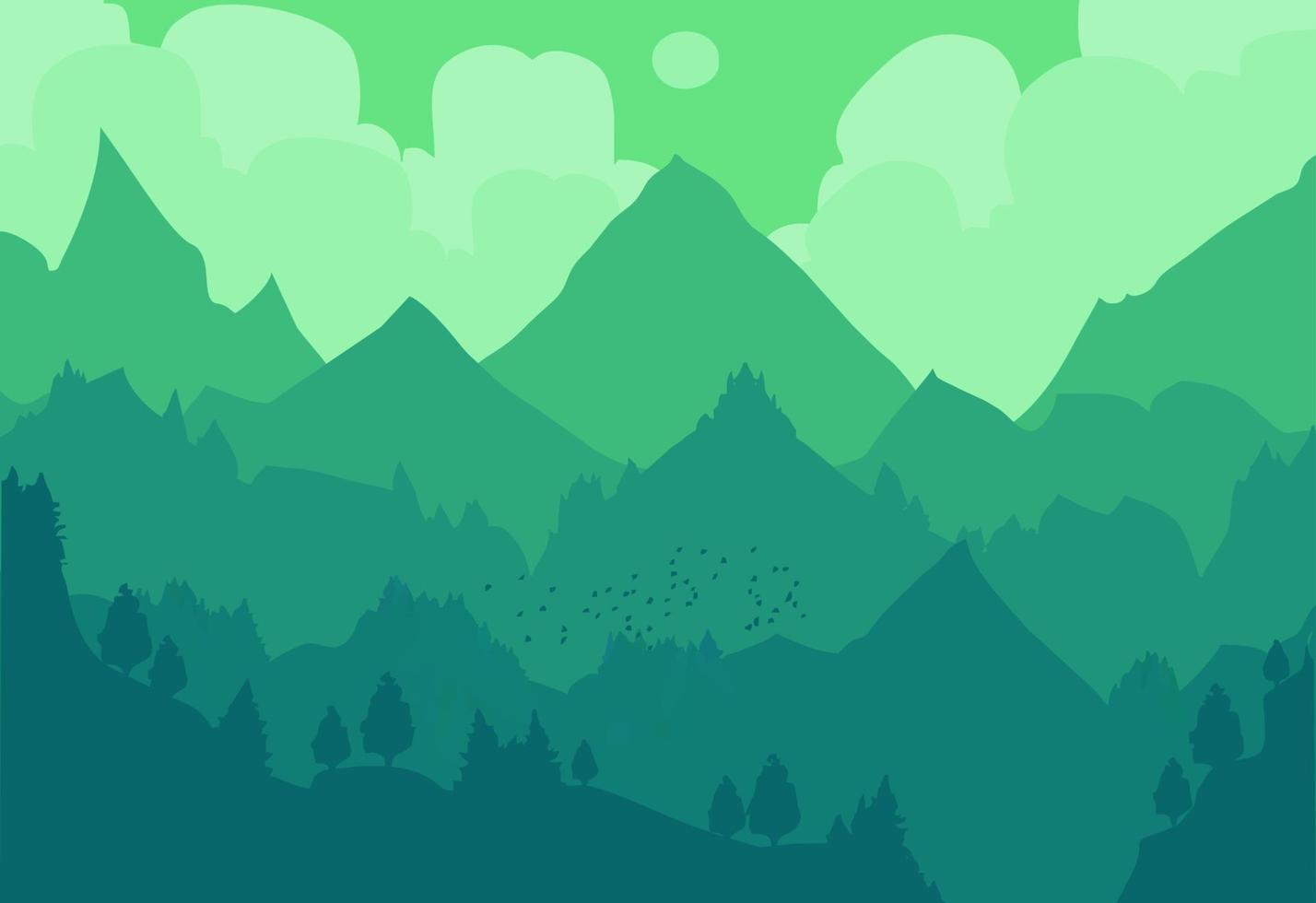 un' verde montagna paesaggio con alberi e un' cielo con nuvole vettore