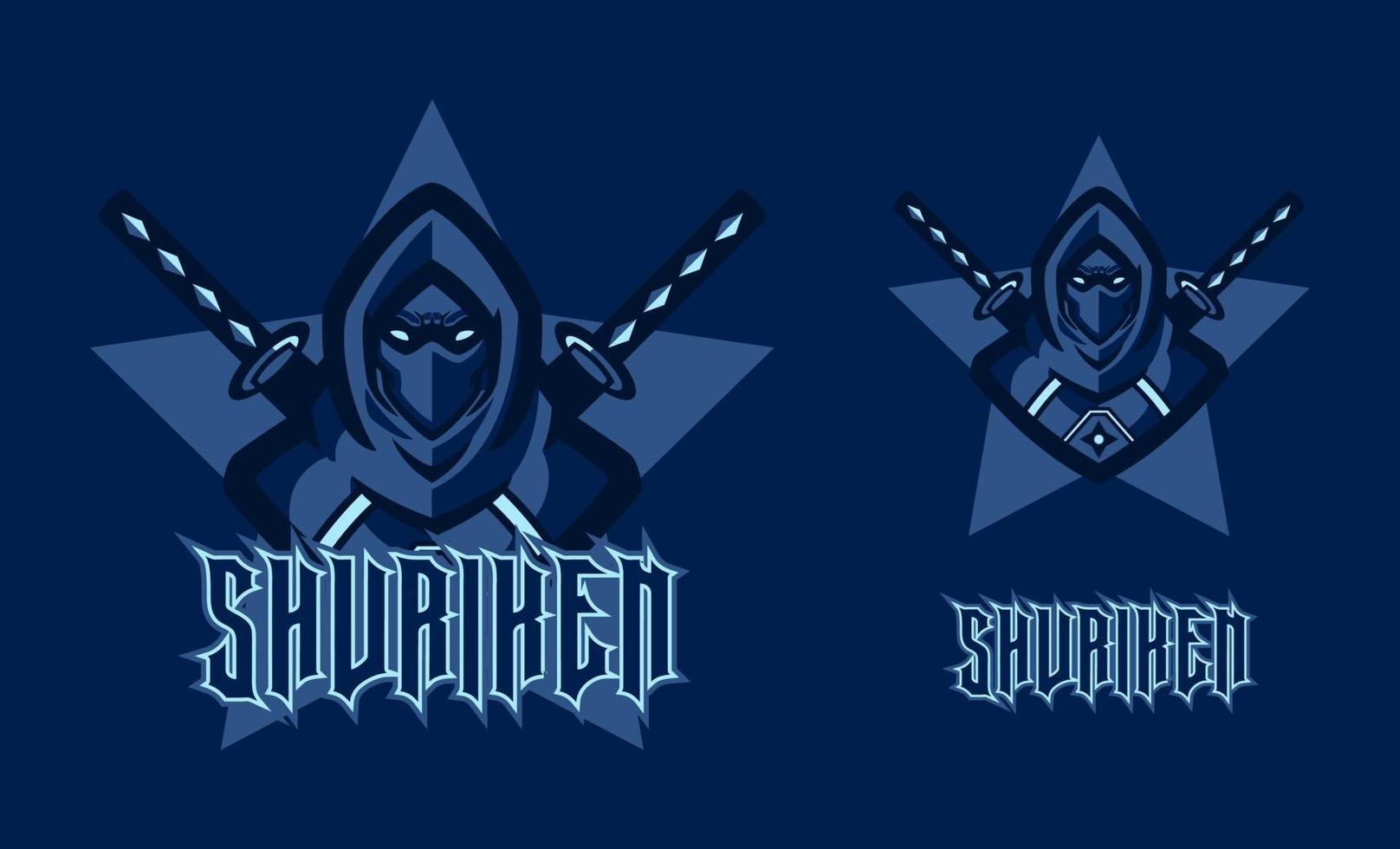 gioco del logo della mascotte dell'assassino ninja per lo sport e l'illustrazione della squadra di e-sport. cavaliere ninja con due spade su sfondo blu. elemento di design del modello di giocatore professionale per la squadra del team di gioco e-sport del logo vettore