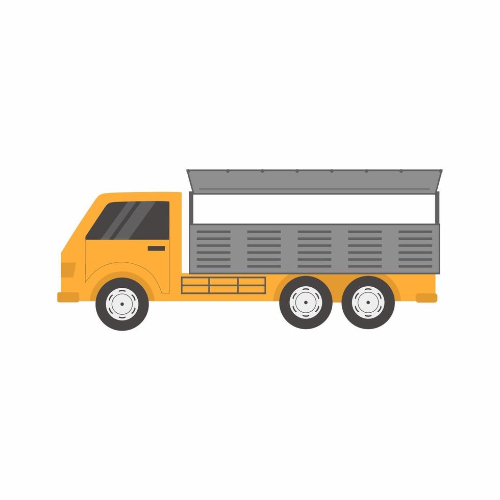 veicolo camion in stile cartone animato. furgone del camion di consegna e scatole di cartone con segni fragili isolati su fondo bianco. concetto di camion di servizio veloce. illustrazione vettoriale piatta