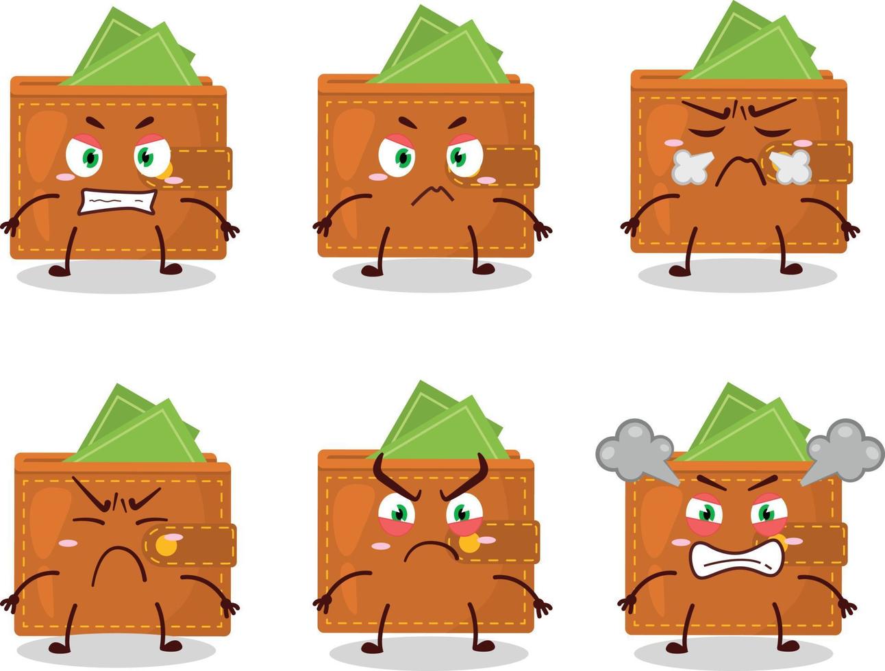 portafoglio cartone animato personaggio con vario arrabbiato espressioni vettore