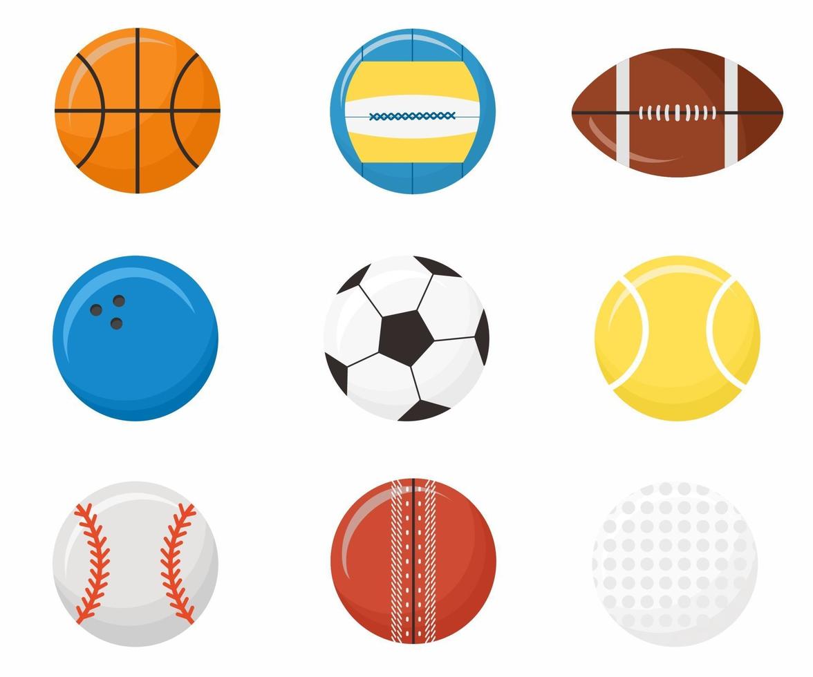 set di icone di stile piatto palline sportive pallavolo, basket, calcio, cricket, football americano, bowling, baseball, tennis, golf. illustrazione di sport vettoriale isolato su sfondo bianco