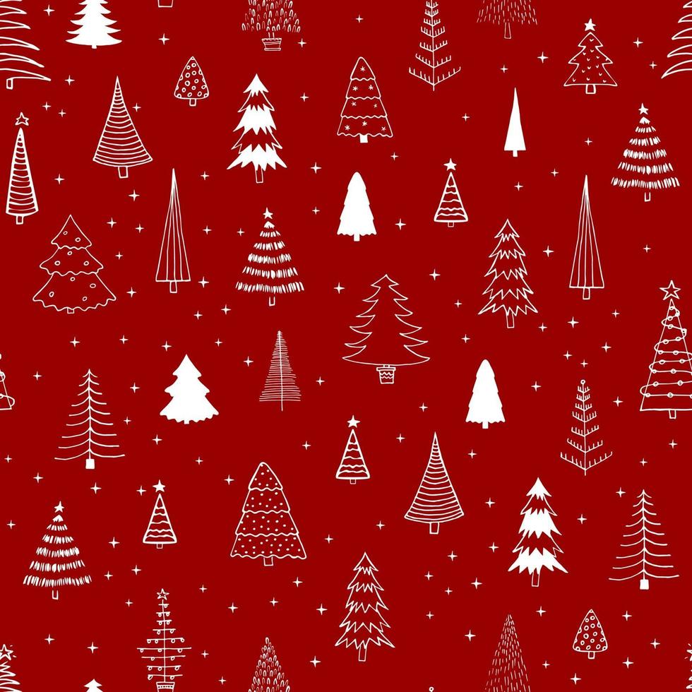 seamless con diversi alberi di Natale su sfondo rosso. può essere utilizzato per tessuto, custodia del telefono e carta da imballaggio. vettore