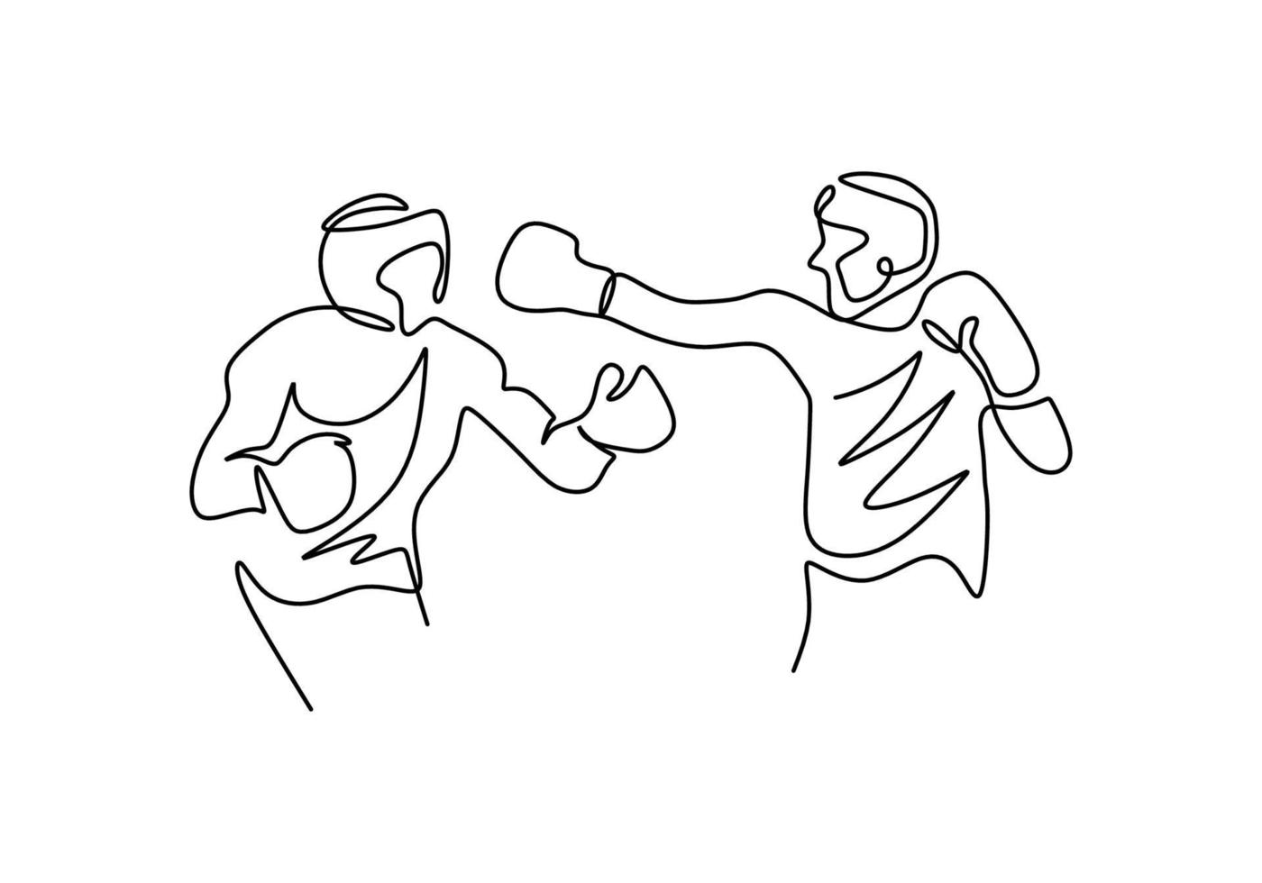 continuo un disegno a tratteggio di due uomini che giocano boxe isolati su sfondo bianco. uomo giovane pugile professionista facendo stretching prima di praticare la boxe. illustrazione vettoriale stile minimalista