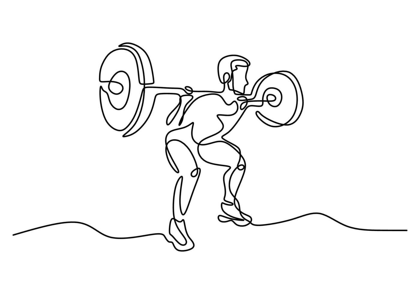 una sola linea di disegno di giovane uomo sportivo formazione sollevamento bilanciere su panca nel centro del club palestra sportiva. concetto di stretching fitness isolato su sfondo bianco. illustrazione vettoriale