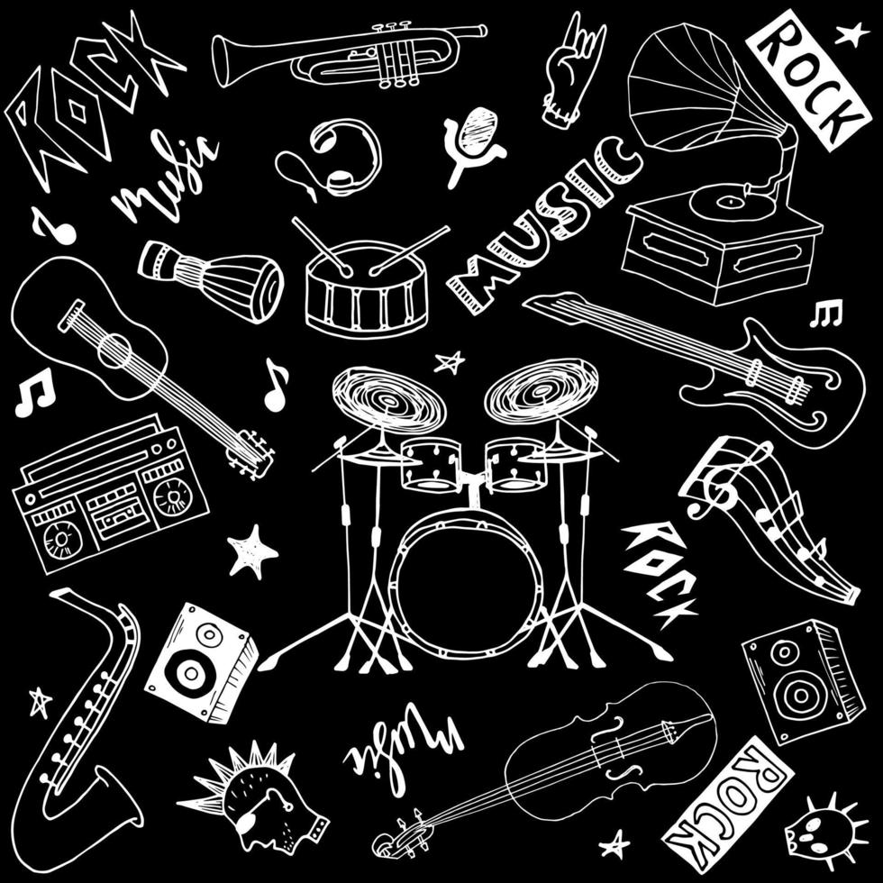 set di tema di musica rock e pop disegnato a mano isolato su sfondo nero, insieme di doodle del tema di strumenti musicali. vettore