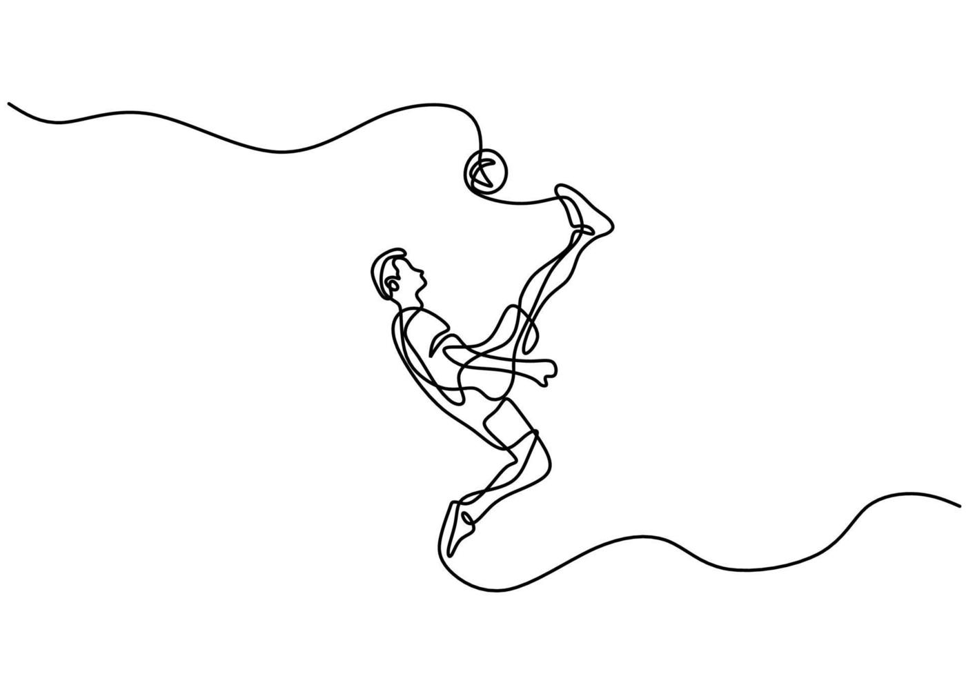un disegno di una linea continua di giovane calciatore professionista che spara la palla con la tecnica di calcio in bicicletta isolato su priorità bassa bianca. concetto di sport partita di calcio. illustrazione vettoriale