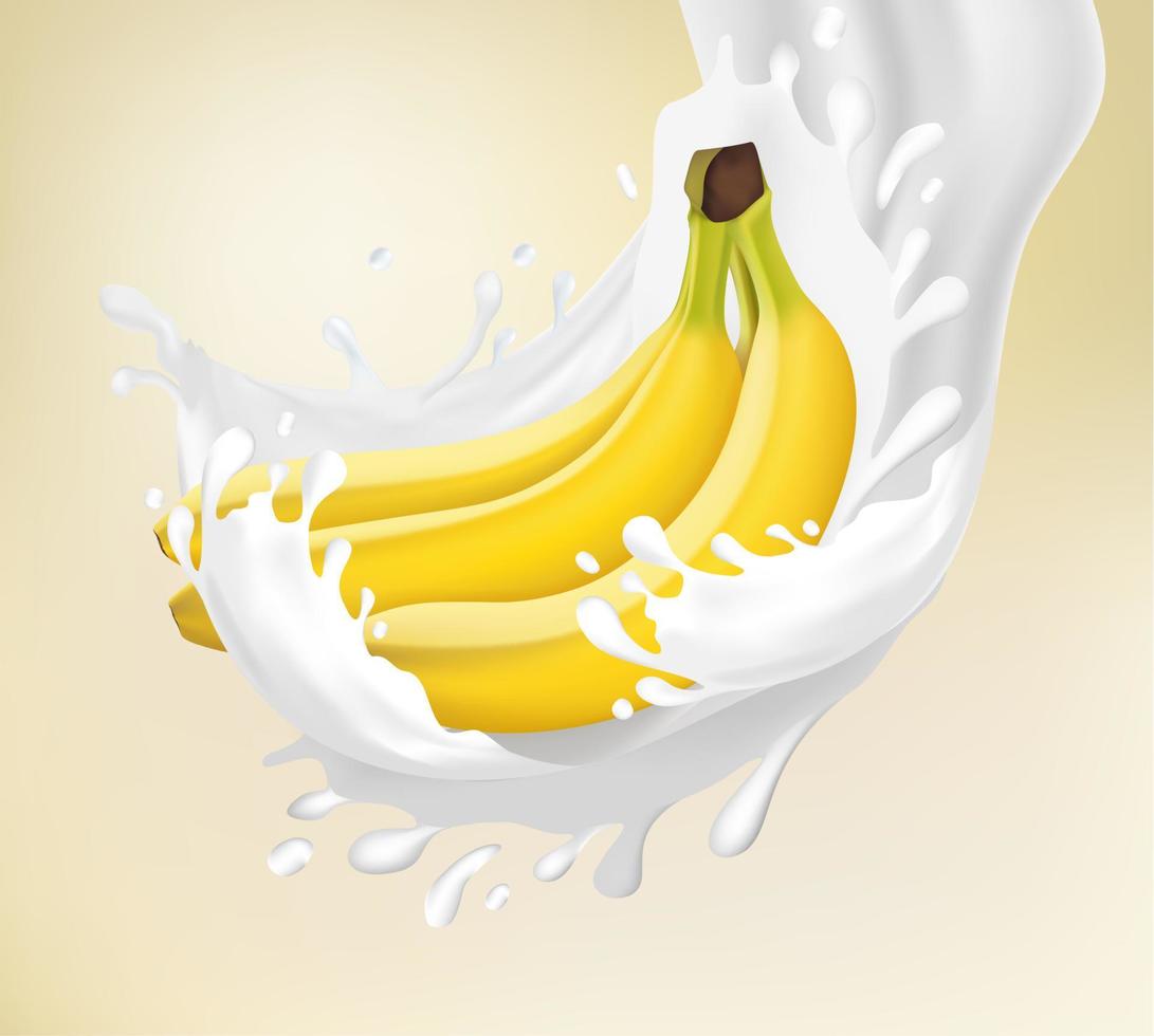 realistico dettagliato 3d fresco Banana con latte o Yogurt spruzzata. vettore