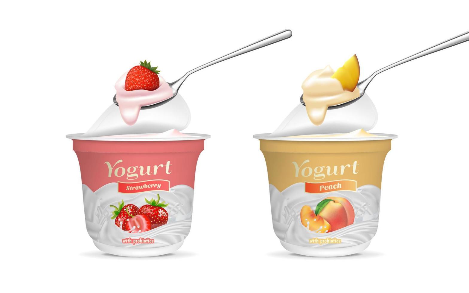 realistico dettagliato 3d fragola e pesca gusto Yogurt con cucchiaio impostare. vettore