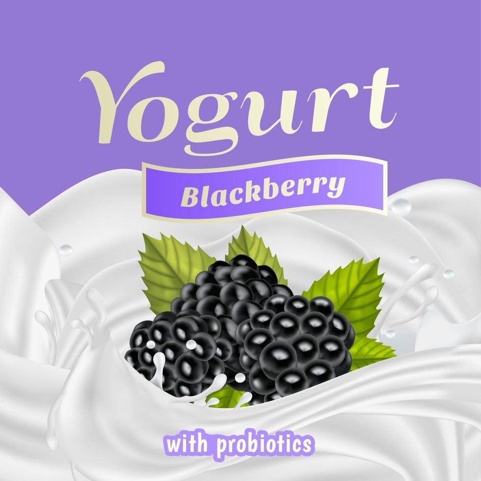 mora Yogurt con probiotici spruzzo etichetta distintivo modello. vettore