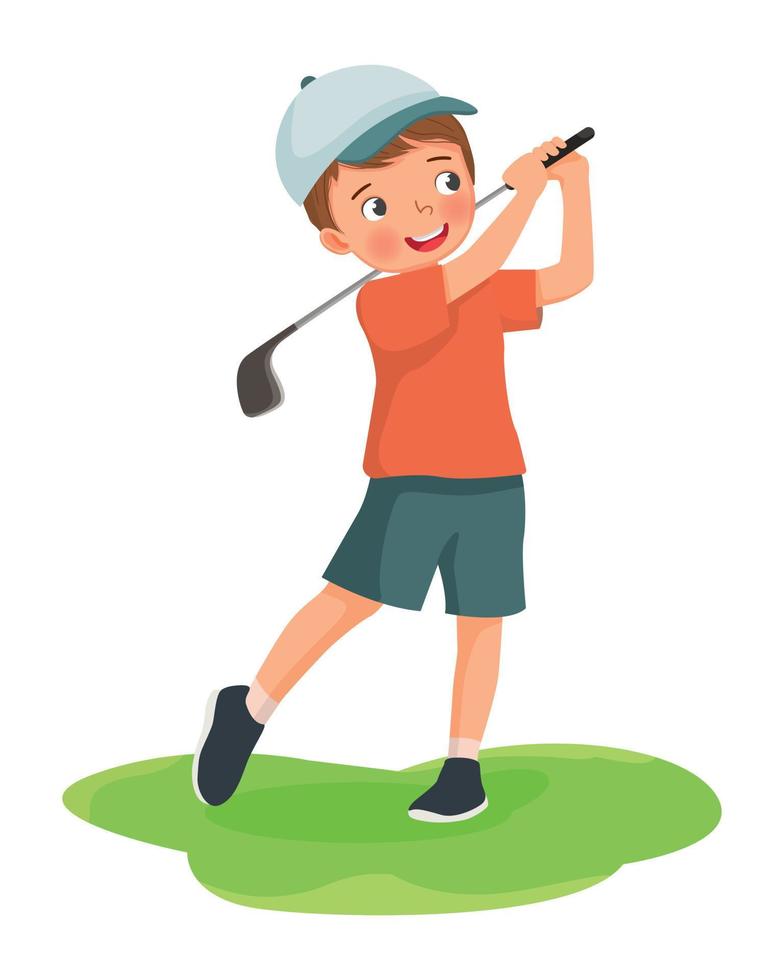 carino poco ragazzo giocando golf colpire palla con golf club vettore