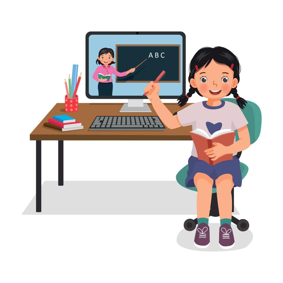 carino poco ragazza alunno studiando a partire dal casa attraverso Internet video conferenza con insegnante utilizzando computer del desktop vettore
