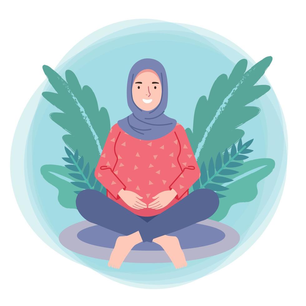 incinta femmina utilizzando hijab fare un' gravidanza yoga e sorridente con un' impianti sfondo vettore