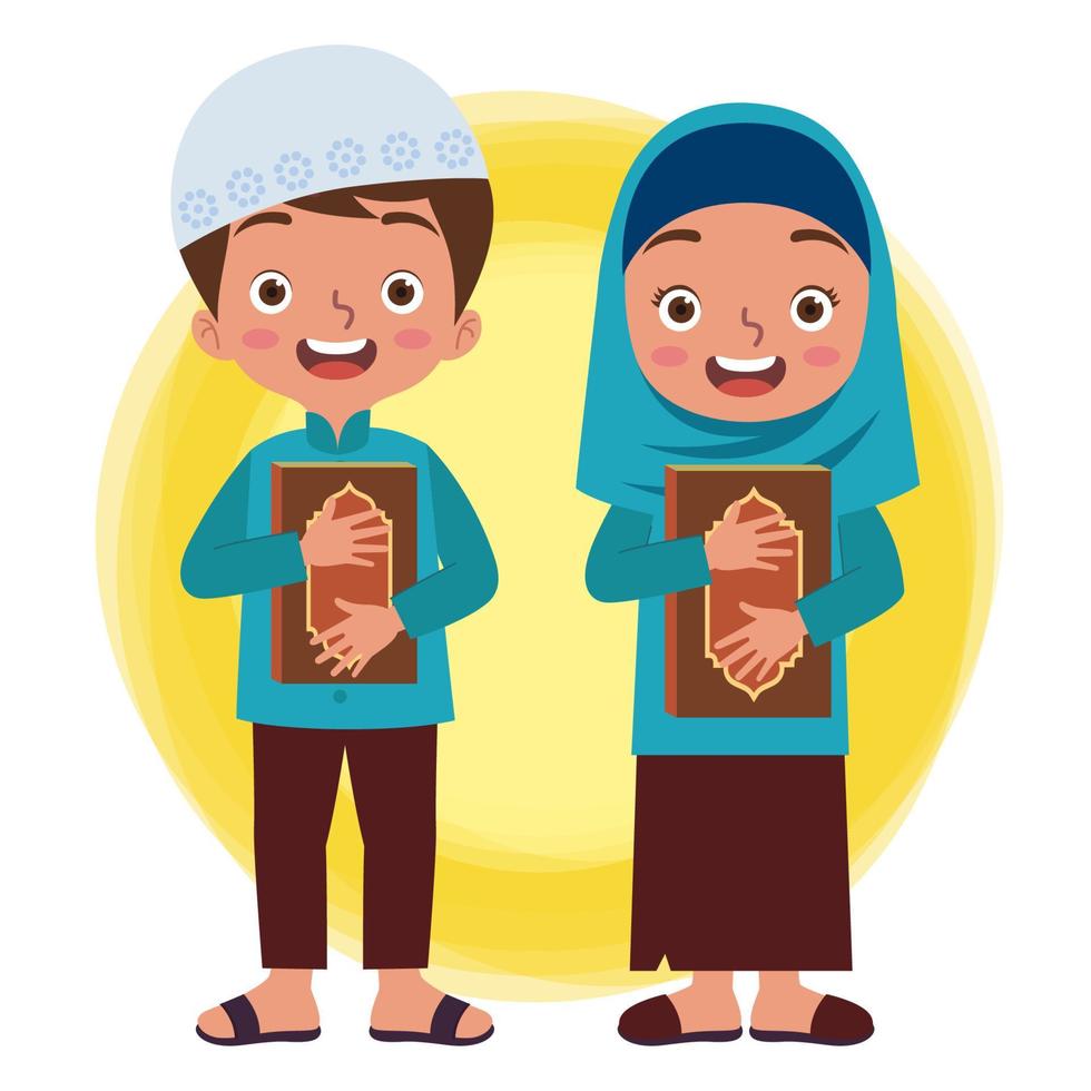 un' contento musulmano ragazzo e ragazza sorridente mentre trasporto o abbracciare il Corano vettore