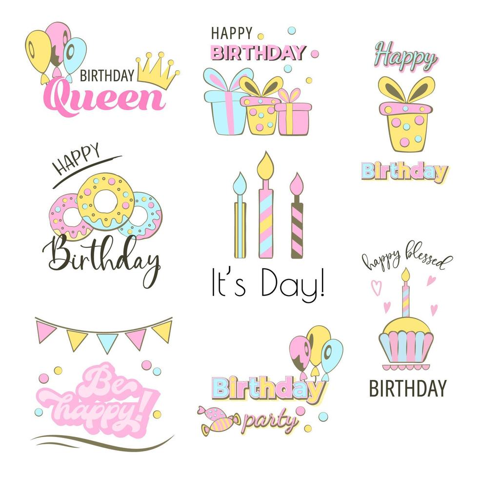 contento compleanno impostare- compleanno distintivo. saluto lettering con Palloncino, dolce, regalo scatola. compleanno saluto carta decorazione disegno, vettore illustrazione. saluto celebrare etichetta, festa celebrazione logo.