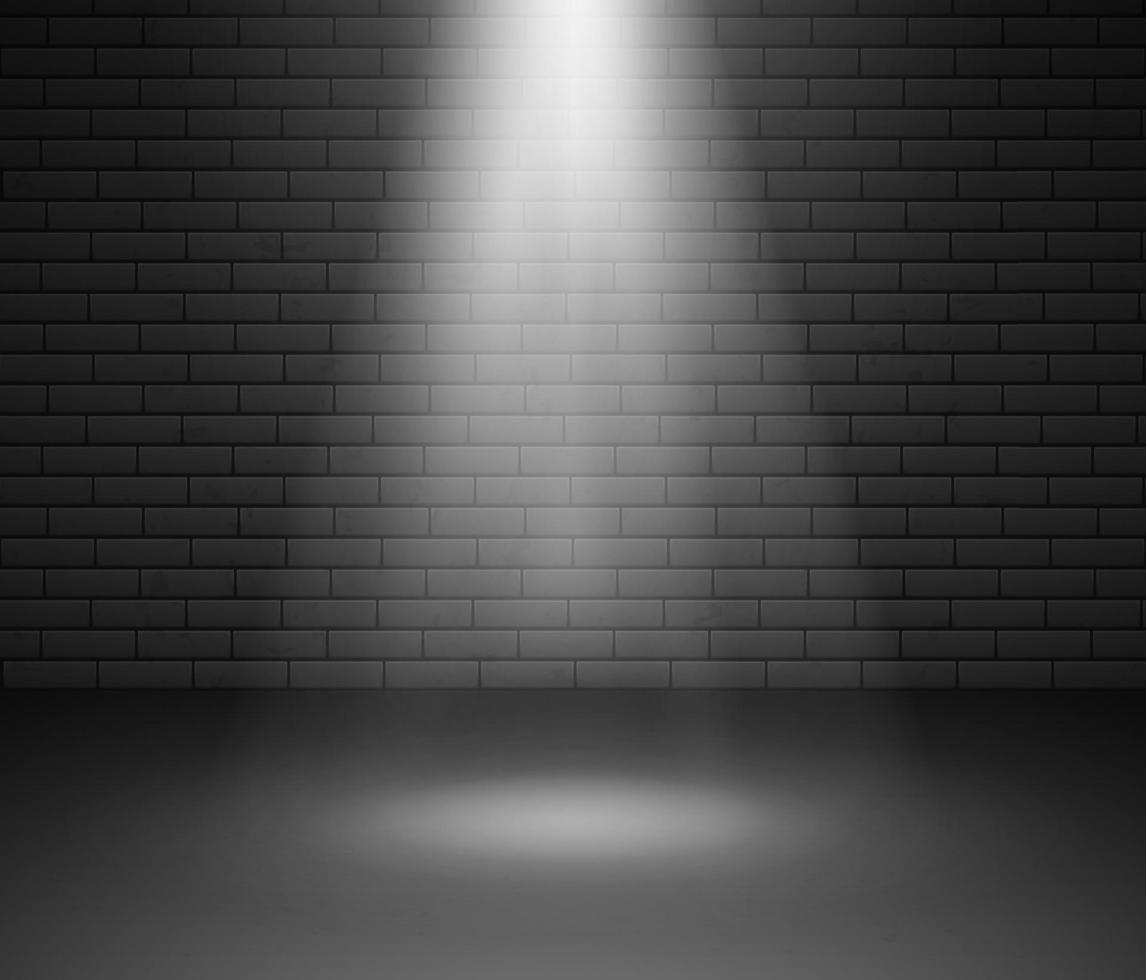 palcoscenico illuminato di riflettore contro mattone parete. vuoto studio e individuare di luce. vettore illustrazione nel nero e bianca colori