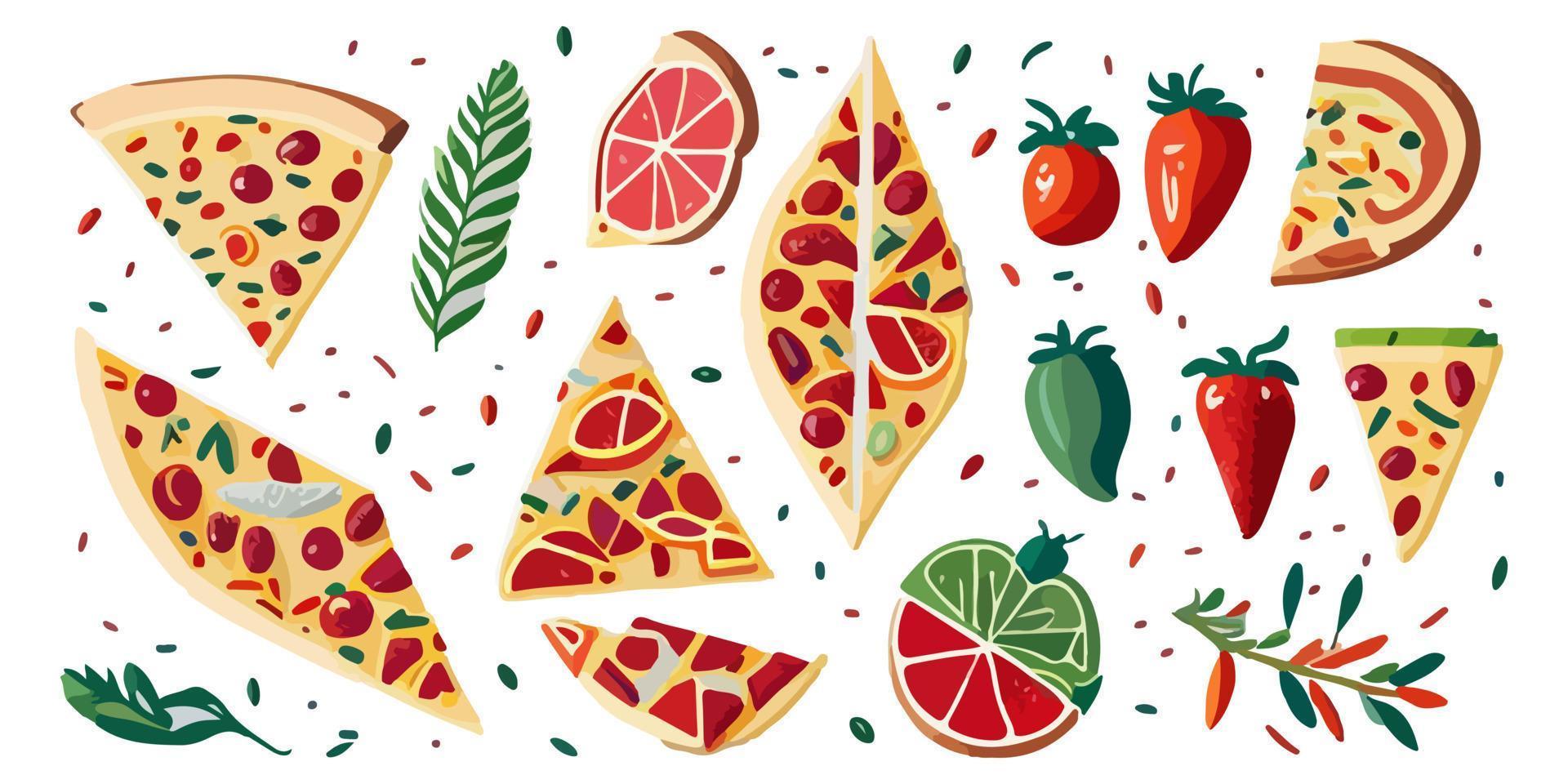 il giro fetta di cotto al forno Pizza con colorato condimenti, piatto vettore illustrazione