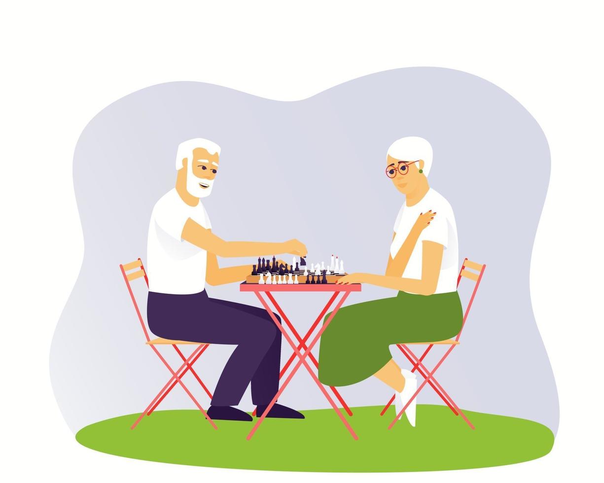 uomo e donna anziani stanno giocando a scacchi vettore