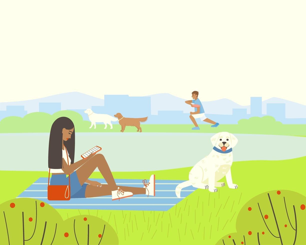 illustrazione di un parco o un parco giochi con un laghetto per passeggiate con i cani vettore