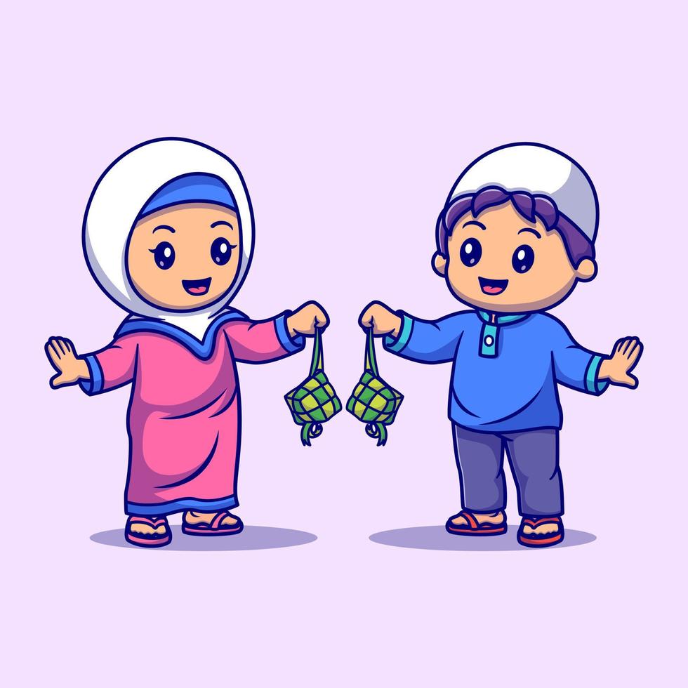 carino ragazzo e ragazza musulmano Tenere un' Ketupat cartone animato vettore icona illustrazione