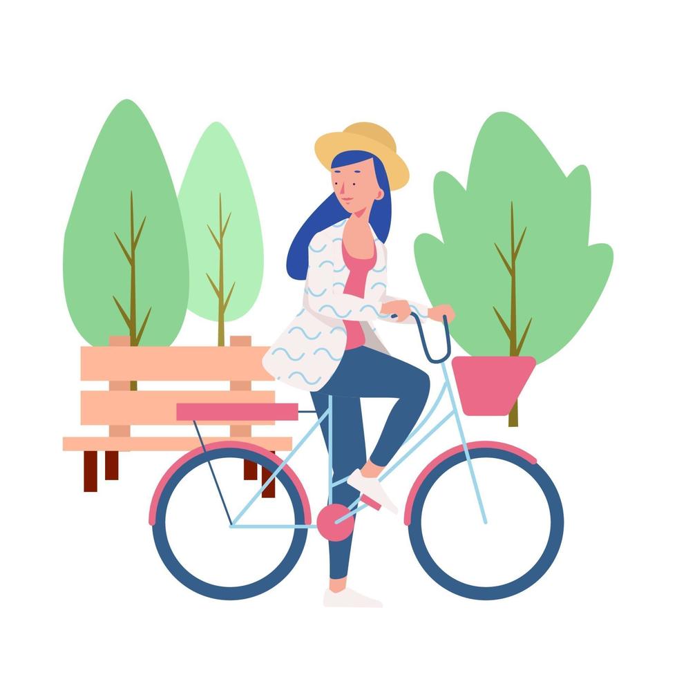 una donna in sella a una bicicletta nel parco vettore