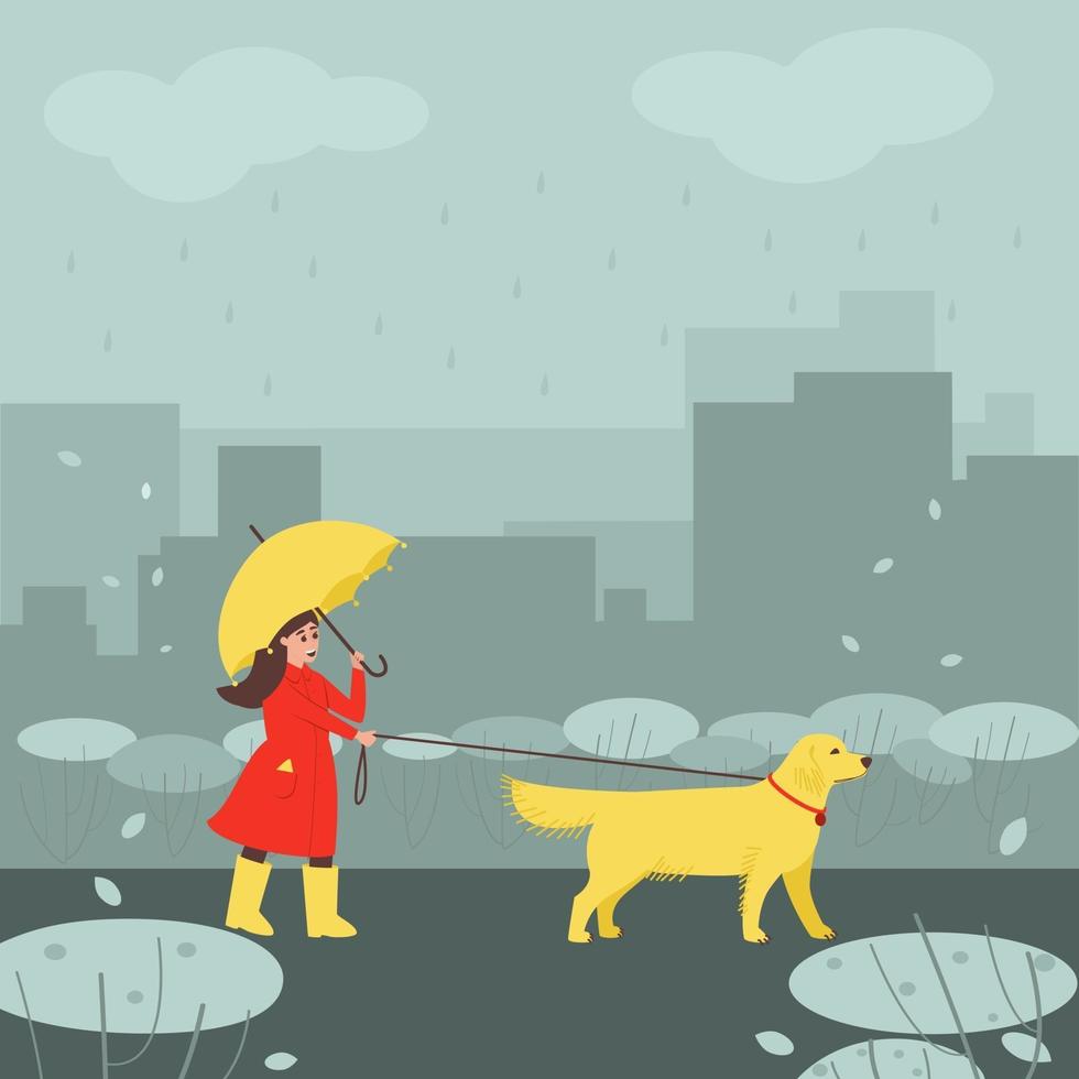 una ragazza in autunno piovoso cammina con il suo cane labrador vettore