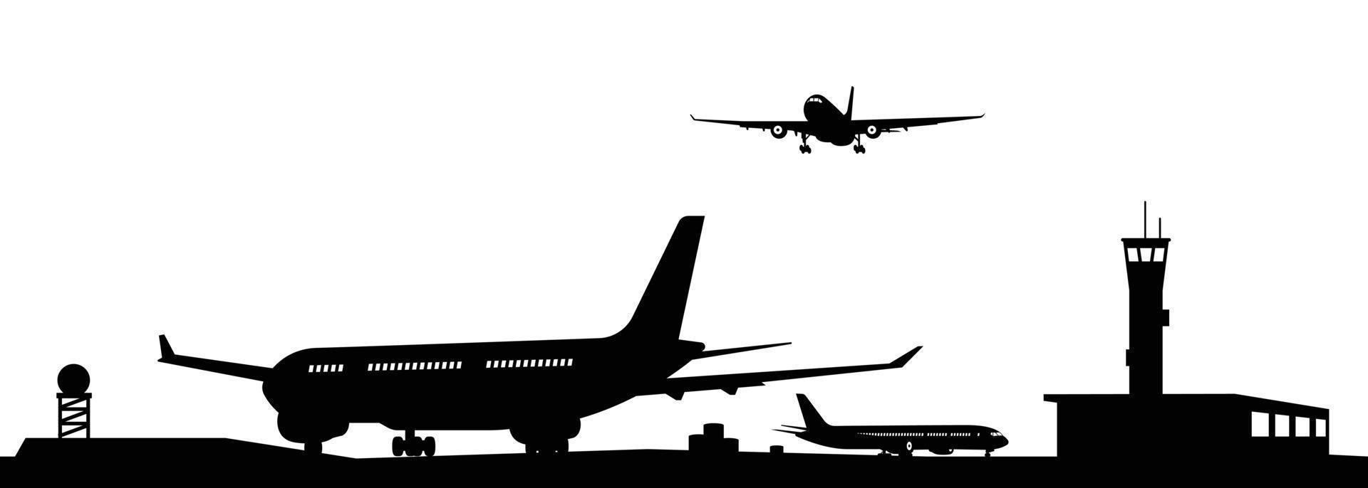 aeroporto con aereo e strutture silhouette vettore, mezzi di trasporto concetto illustrazione per sfondo. vettore