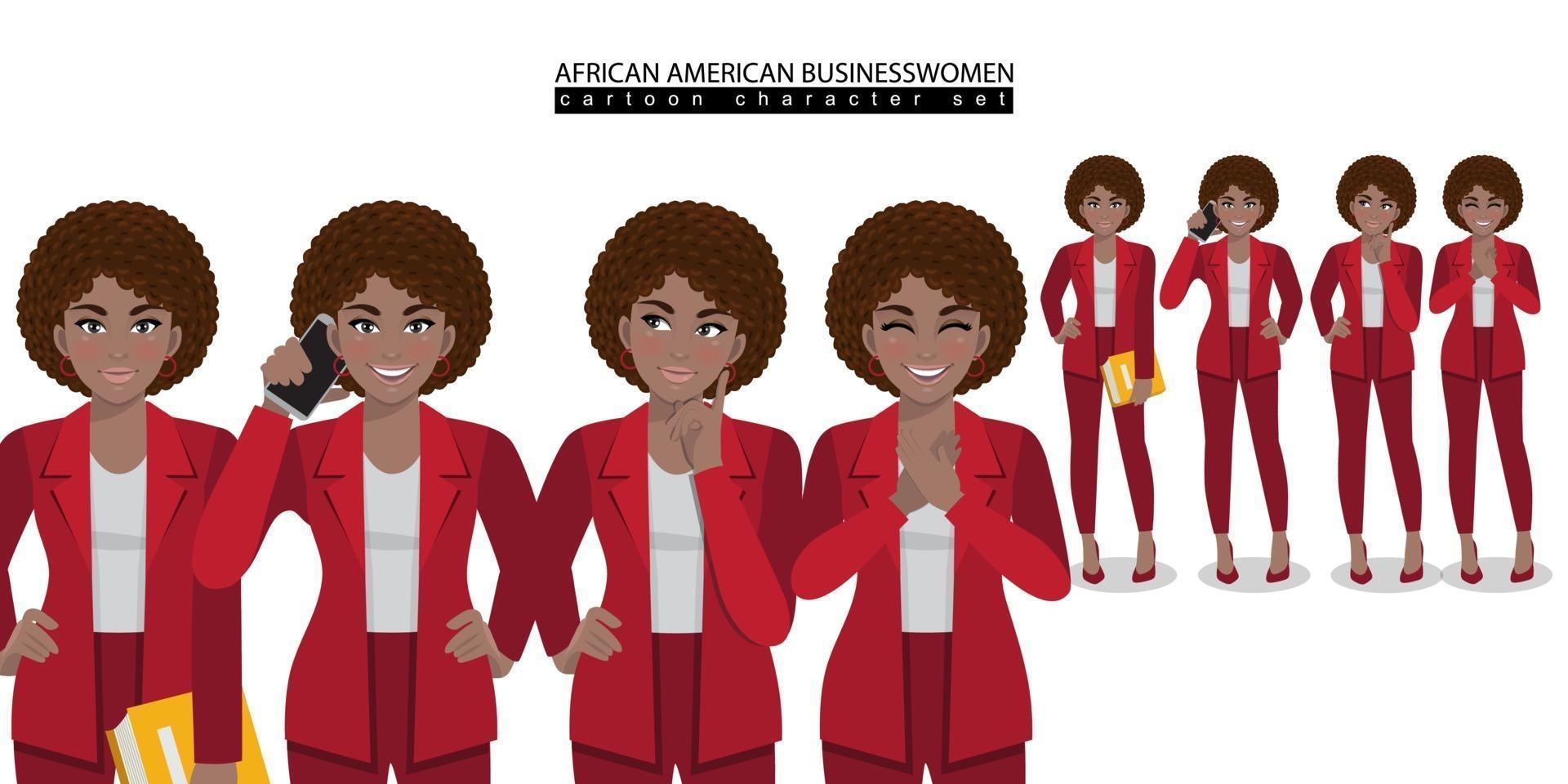 personaggio dei cartoni animati afroamericano donna d'affari in diverse pose isolato illustrazione vettoriale