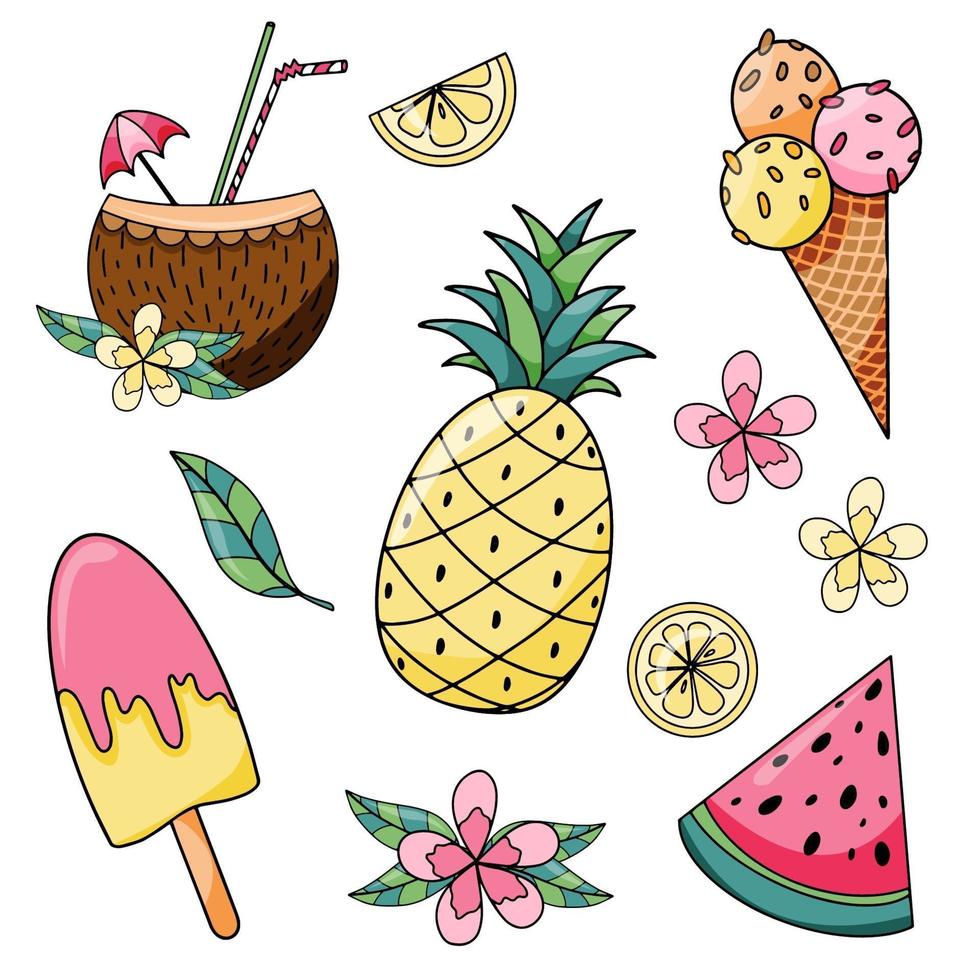 vacanze estive con ananas, fetta di anguria, gelato, limone e ghiaccioli disegnati a mano vettore