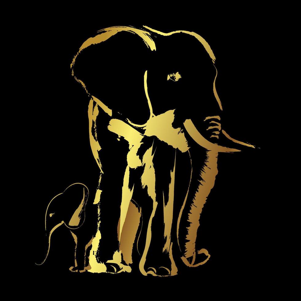 d'oro confine elefante famiglia pennellata arte stile al di sopra di nero sfondo vettore