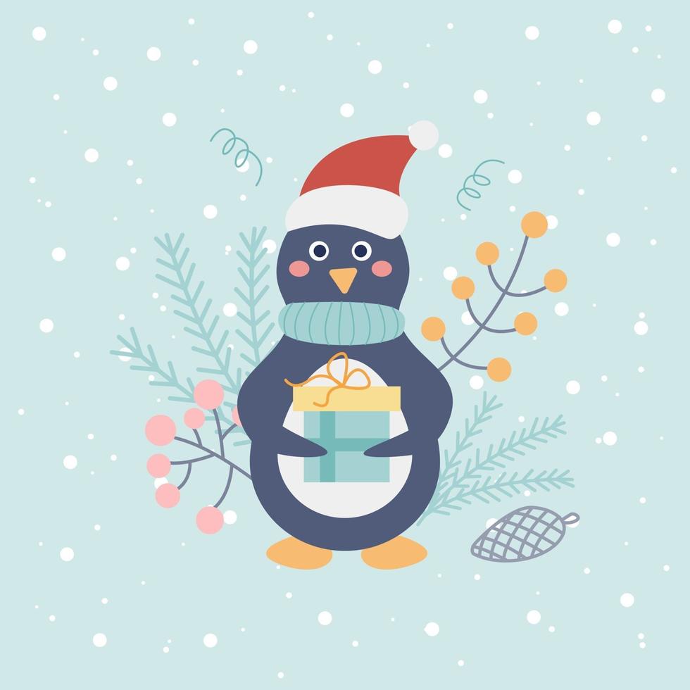 simpatico pinguino con un cappello da Babbo Natale con un regalo su uno sfondo chiaro con fiocchi di neve ed elementi decorativi. cartolina di natale, poster, illustrazione per bambini, inverno. stile piatto vettoriale