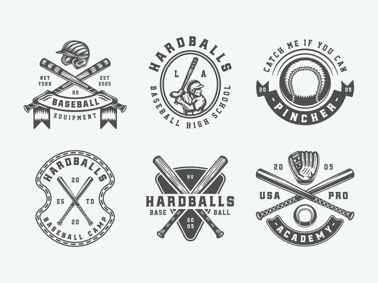 Vintage ▾ baseball sport loghi, emblemi, distintivi, segni, etichette. monocromatico grafico arte. vettore illustrazione.