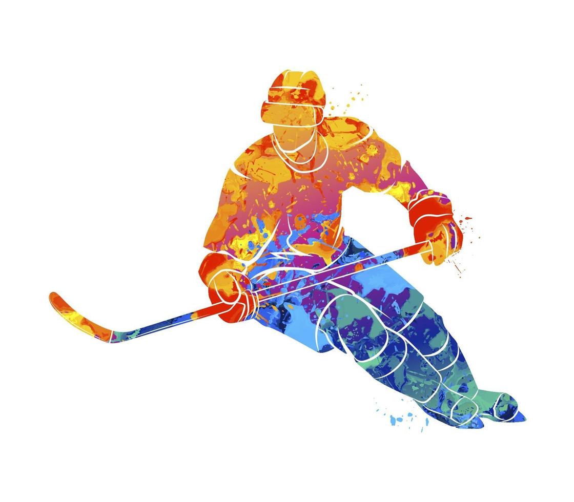 giocatore di hockey astratto da una spruzzata di acquerelli. sport invernali. illustrazione vettoriale di vernici