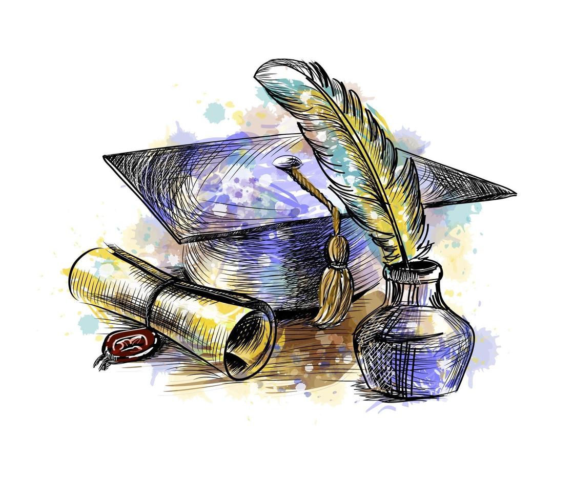 diploma di laurea con berretto laureato e penna da una spruzzata di acquerello, schizzo disegnato a mano. illustrazione vettoriale di vernici