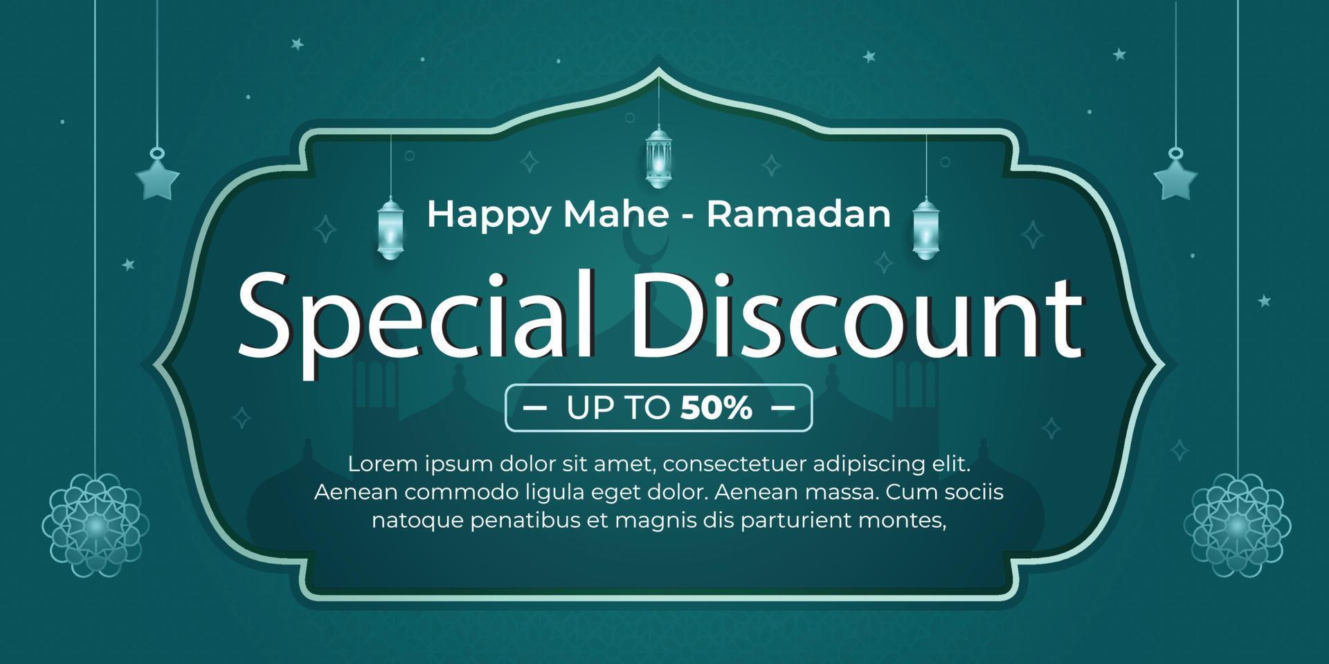 Ramadan speciale sconto con su per 50 via e sociale media tema, Ramadan kareem lanterne e mezzaluna stelle. vettore