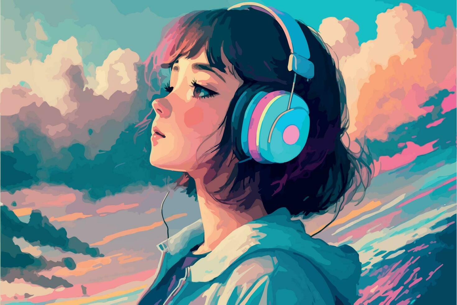 lofi ragazza illustrazione. giovane donna guardare nel il distanza. cartone animato disegno di freddo rilassato signora. vettore