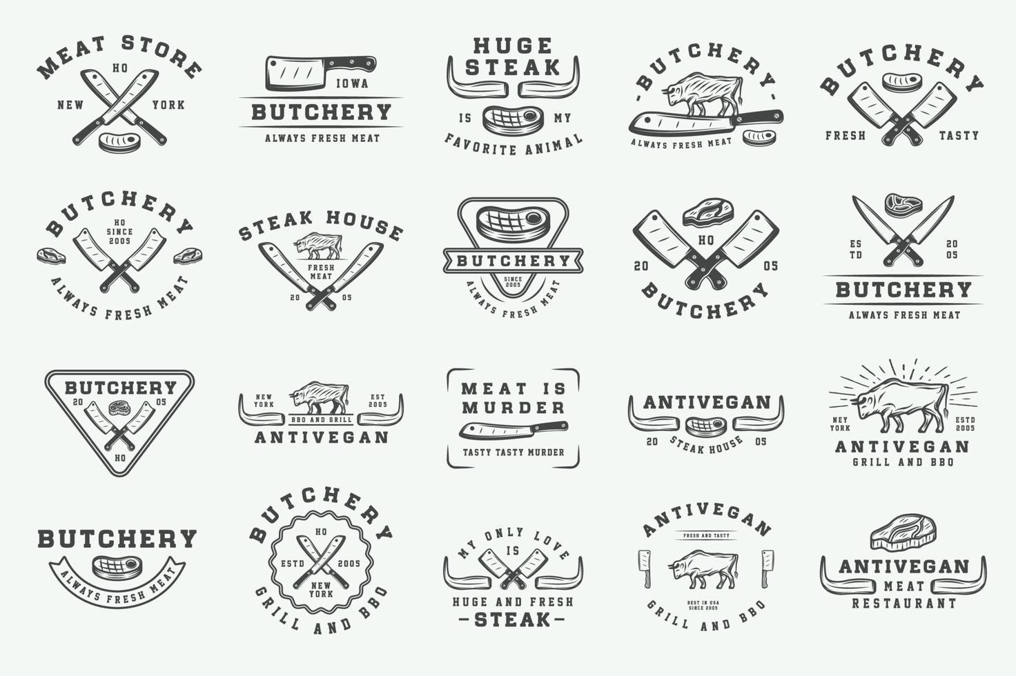 impostato di Vintage ▾ la macelleria carne, bistecca o bbq loghi, emblemi, distintivi, etichette. grafico arte. illustrazione. vettore. vettore