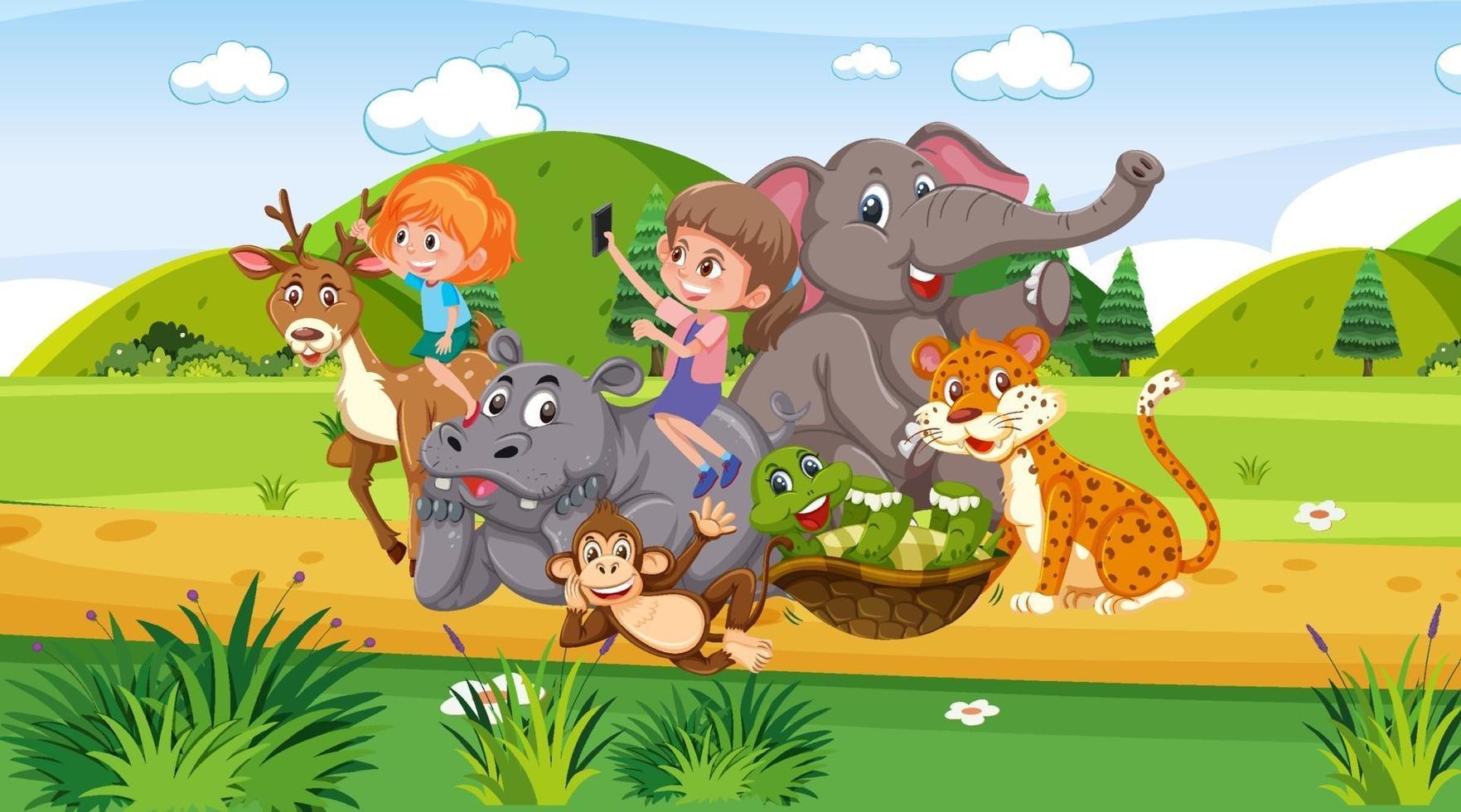 scena dello zoo con molti bambini che giocano con gli animali dello zoo vettore