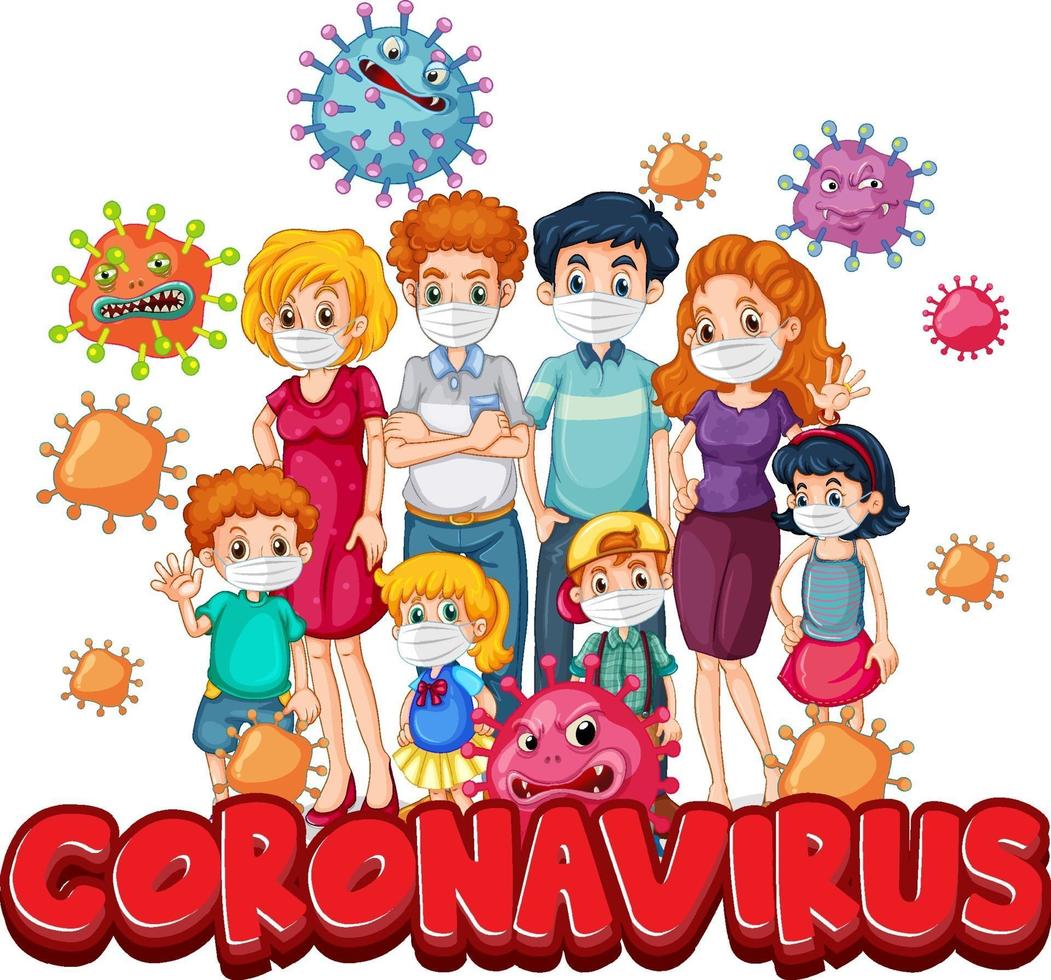 membri della famiglia che indossano una maschera con il carattere del coronavirus vettore