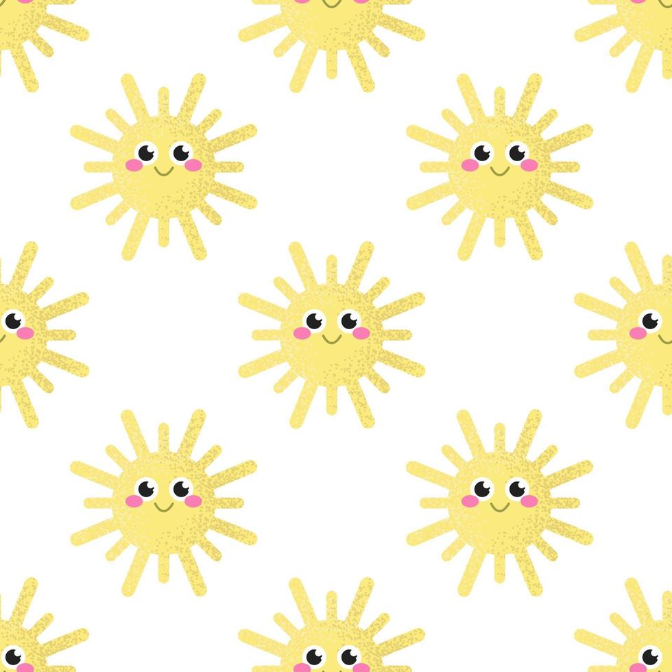 Vector seamless pattern di sole sorridente con guance rosa su sfondo bianco, arredamento per bambini