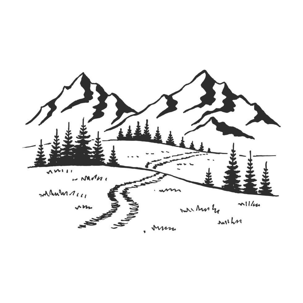 montagna con alberi di pino e paesaggio nero su sfondo bianco. picchi rocciosi disegnati a mano nello stile di abbozzo. illustrazione vettoriale. vettore