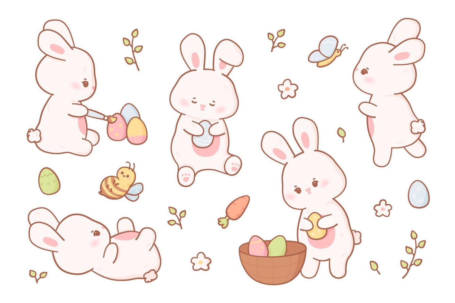 Pasqua coniglietto nel kawaii stile e pastello colori. vettore collezione di cartone animato conigli nel diverso pose con uova, ape e farfalla