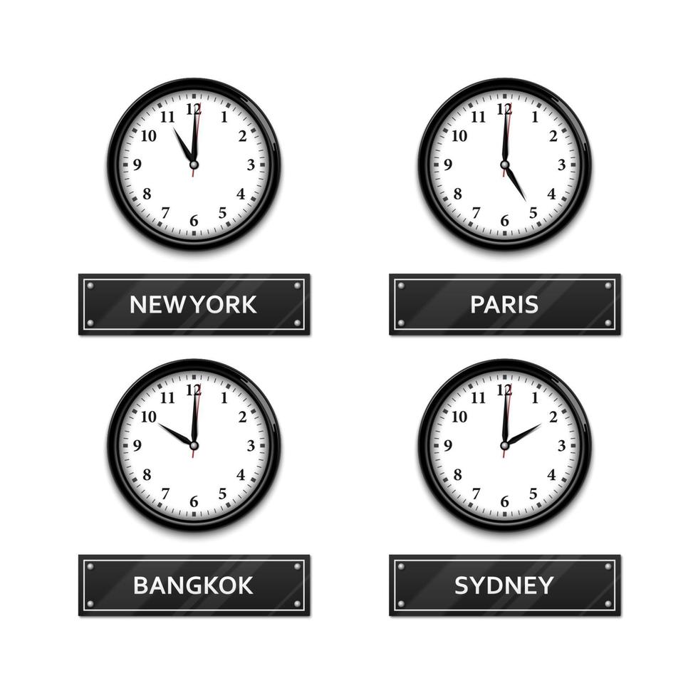 orologio fuso orario mondiale isolato su sfondo bianco, illustrazione vettoriale