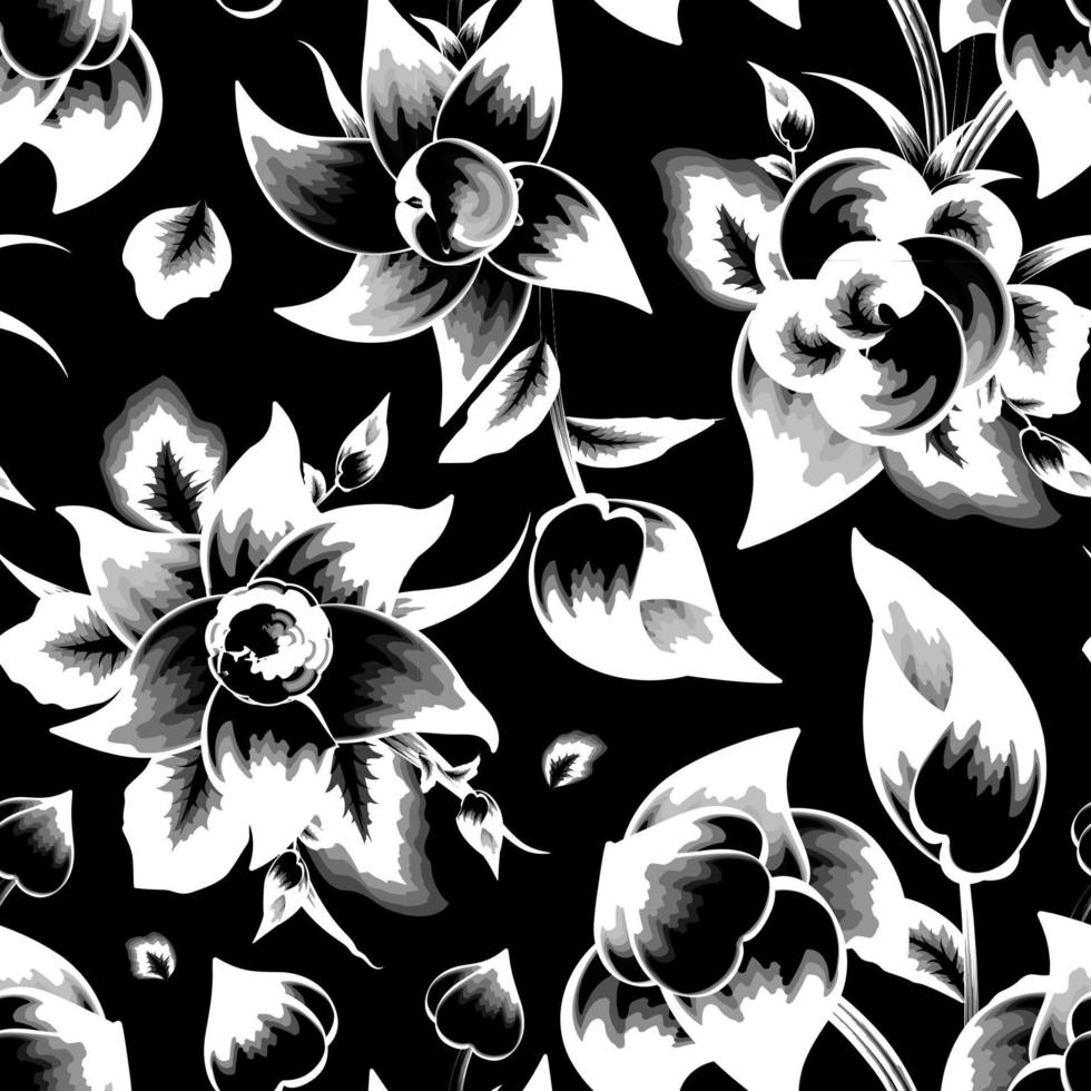 astratto fiore senza soluzione di continuità modello su nero sfondo. Vintage ▾ design stile. monocromatico design. natura sfondo. tropicale floreale senza soluzione di continuità sfondo. impianti le foglie senza soluzione di continuità modello. giungla elementi vettore