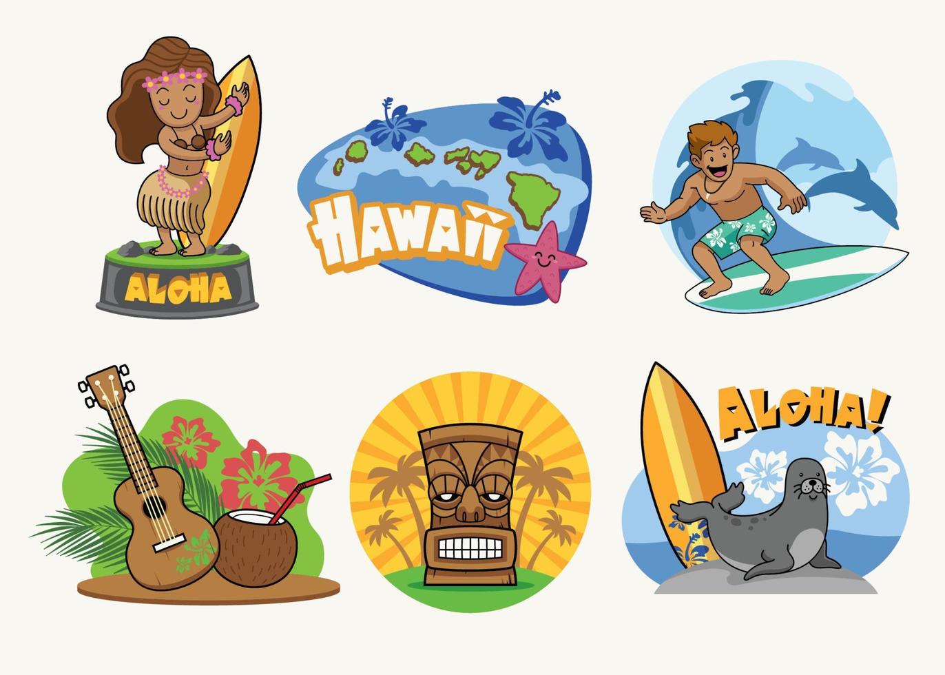 Hawaii cartone animato distintivo design nel impostato vettore