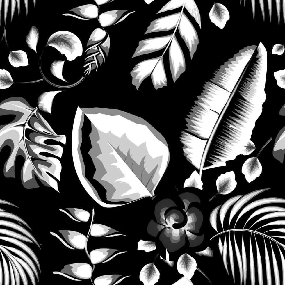 tropicale modello con astratto impianti e le foglie su buio sfondo. hawaiano stile. senza soluzione di continuità modello con Vintage ▾ natura ornamenti. monocromatico elegante colore. floreale sfondo. esotico tropici. vettore