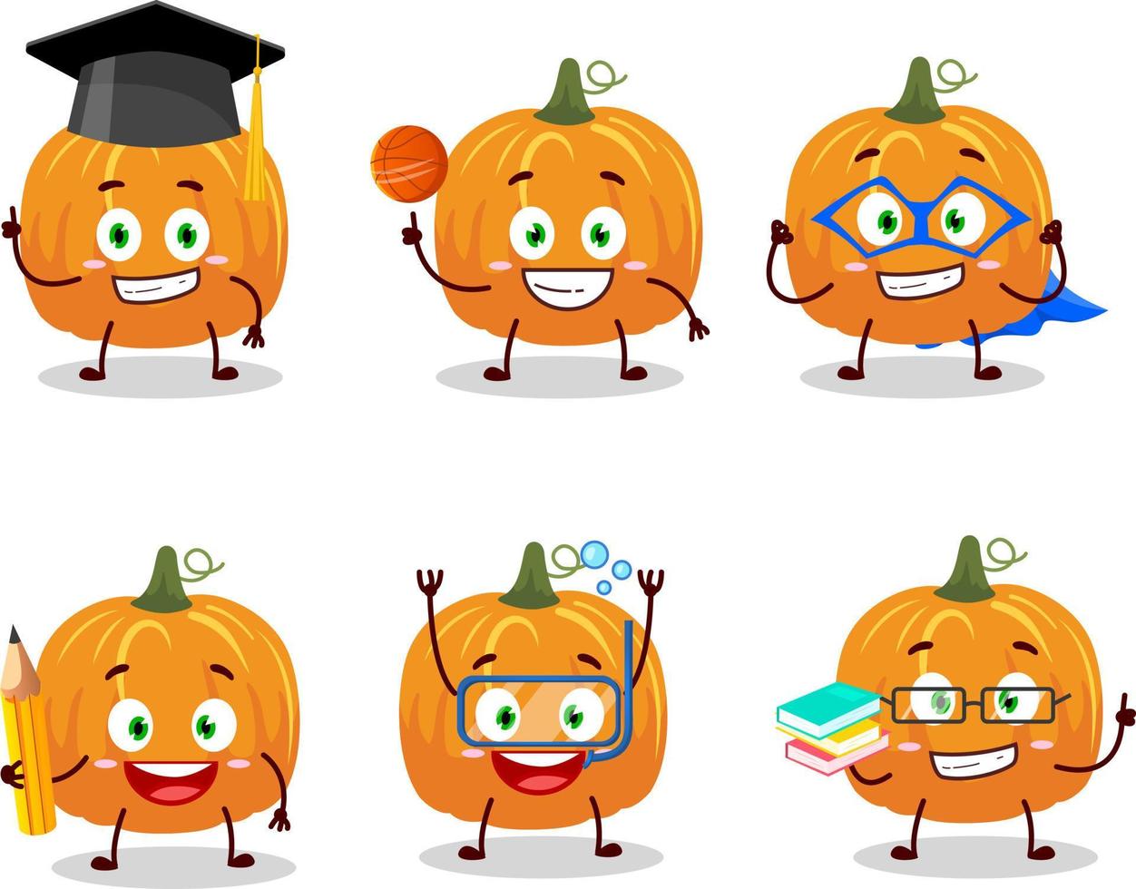 scuola alunno di zucca cartone animato personaggio con vario espressioni vettore